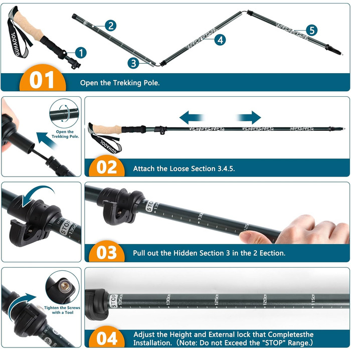 Трекінгові палиці, телескопічні палиці з карбону та алюмінію з корковою ручкою, палиці для скандинавської ходьби, регульовані 108-139 см і затискним замком з 5 парами гумових накладок для трекінгу