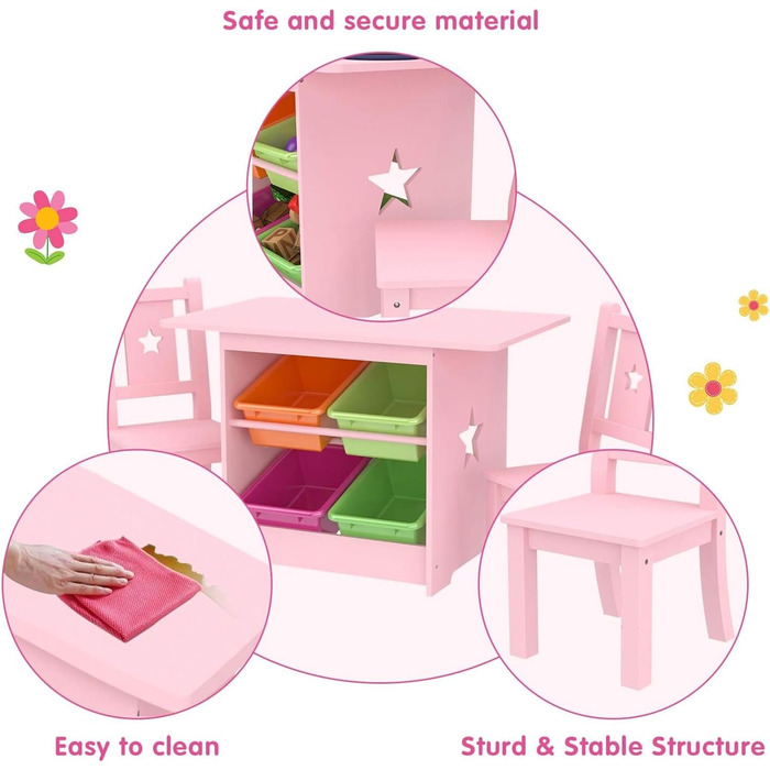 Дитячий стіл та стільці - Дитячі столи з масиву дерева рожевого кольору - Стіл з 4 коробками для зберігання, Дитячий стіл у формі зірки з 2 стільцями - Екологічно чистий