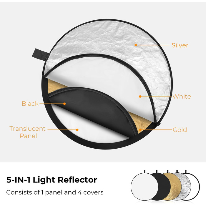 В-1 Рефлекторний фотокомплект, складаний відбивач з сумкою для зберігання (56 см), напівпрозорий, сріблястий, золотий, білий і чорний круглі відбивачі для фотозйомки, зовнішнє освітлення 56см, 5-
