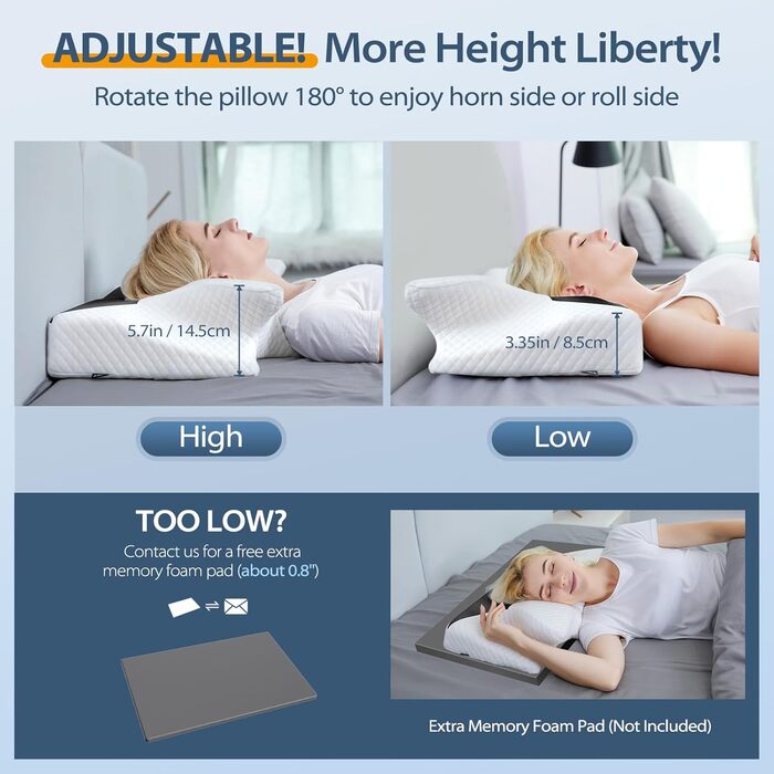 Ортопедична подушка для шиї HOMCA з піни з ефектом пам&39яті для шийного відділу хребта, ергономічна подушка для сну на спині, боці та животі, чорна, 70 x 40 x 8,5/14 см