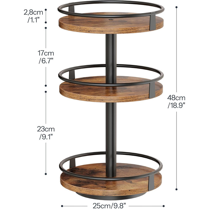 Підставка для спецій HOOBRO, кухонна полиця, 3-рівнева обертова підставка для спецій, кухонний органайзер, тримач для спецій, для кухонної стільниці, туалетного столика, обіднього столу, рустикальний коричневий та чорний EBF09TL01 25 x 25 x 48 см рустикал