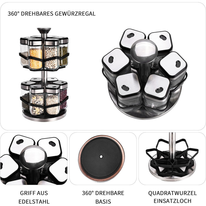 Дворівнева карусель для спецій, що обертається на 360, з 12 банками для спецій об&39ємом 120 мл, годинником на 360 (розмір отвору можна вибрати), обертовою підставкою для спецій, підставкою для спецій з нержавіючої сталі, набір органайзерів для спецій з 1
