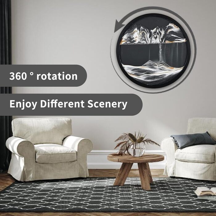 Піщані картини для обертання, 3D піщаний пейзаж, рухоме піщане мистецтво, кругле скло, рухоме зображення глибокого морського піску, рамка з плинним піском, настінна прикраса, вітальня, офіс, подарунки (чорно-білий 1, 60-60L x 60B см чорно-білий 1