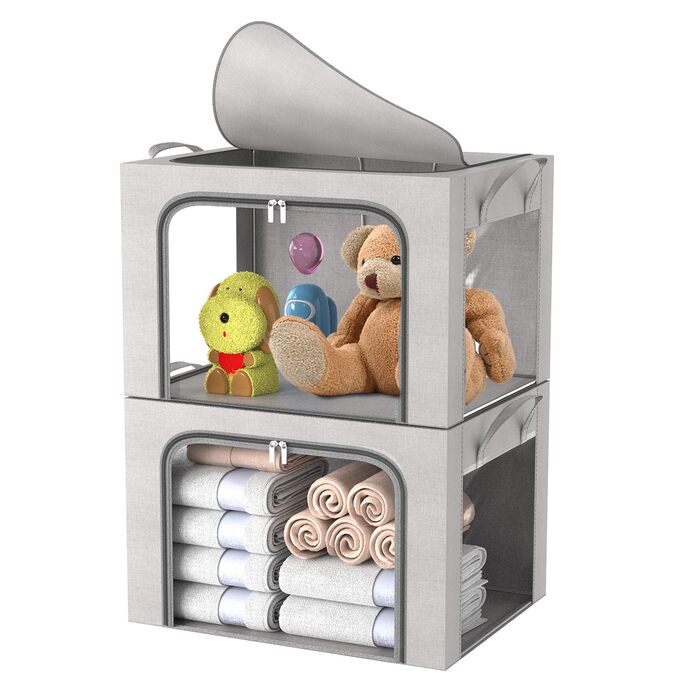 Коробка для зберігання одягу з 2 предметів, складна коробка для зберігання одягу з металевим каркасом та 3 віконцями, сумка для зберігання ковдр, пледів та одягу, сіра (24 л) 2 предмети - сірий - 24 л