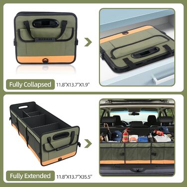 Органайзер для багажника авто, міцний органайзер для зберігання з антиковзним покриттям, об'єм 95 л, вантажний органайзер для позашляховиків, пікапів, седанів, водонепроникний, портативний, зелено-помаранчевий