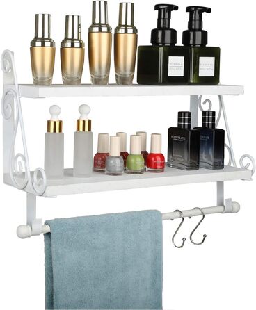 Дерев&39яна настінна полиця, плаваюча полиця, підвісна полиця, 2-рівнева полиця для спецій, кухонна полиця, органайзер для настінних полиць, полиця для ванної кімнати з 8 знімними гачками для ванної кімнати, вітальні, коридору, біла