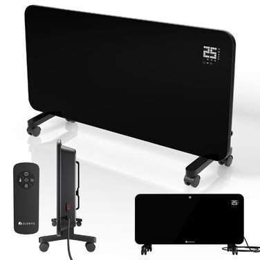 Скляний обігрівач Juskys 2000 Вт, скляний конвектор, електричний обігрівач, керування за допомогою застосунку, світлодіодний дисплей, таймер, настінно-підлоговий блок з пультом дистанційного керування