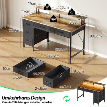 Комп&39ютерний стіл Seventable з розетками та світлодіодним освітленням, ігровий стіл 120 см з 5 шухлядами, ігровий стіл з підставкою для монітора, для офісу, кабінету, спальні, вітальні, вінтажний коричневий, 120 см