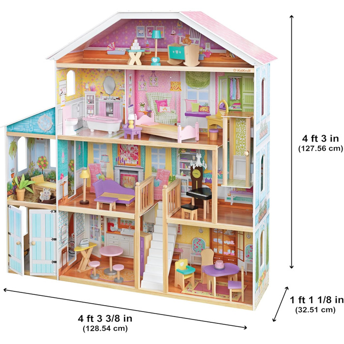 Дерев&39яний ляльковий будиночок KidKraft Grand View Mansion Великий XXL будинок, 4 поверхи, 34 аксесуари, меблі та ліфт у комплекті Рольова гра Загальні розміри 130,5 x 33 x 129,5 см Синього кольору