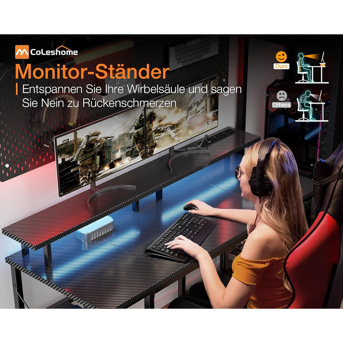 Ігровий стіл Coleshome зі світлодіодним освітленням, 120x50 см, ігровий стіл з 2 розетками та 2 USB-портами, комп&39ютерний стіл з підставкою для монітора та місцем для зберігання, стіл для домашнього офісу, чорний 120x50 см