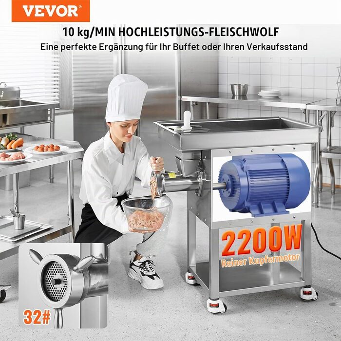 Професійна електром'ясорубка VEVOR 2200 Вт, продуктивність 9,98 кг/хв, з набором ножів та решіток, м'ясорубка з нержавіючої сталі для ресторанів та м'ясних лавок