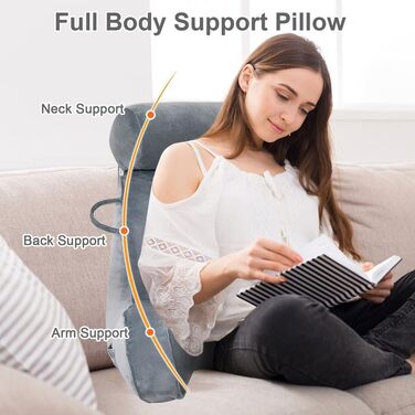 Подушка для читання Mingfuxin для ліжка, подушка для ліжка зі знімним валиком для шиї та вищим підлокітником для сидіння в ліжку, дивані, підлозі, подушка для читання зі спинкою для дорослих, подушка для спини для читання, перегляду телевізора, сірий полі