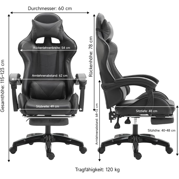 Ергономічне ігрове крісло, офісне крісло з регульованою висотою та функцією відкидання (чорне)