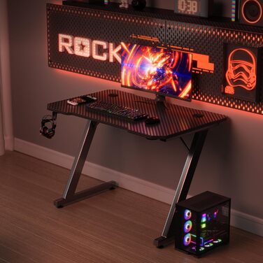 Ігровий стіл 80 x 52 см, ігровий стіл, ПК-стіл з гачком для навушників та карбоновим покриттям, ергономічний комп&39ютерний стіл, металевий каркас, карбон чорного кольору