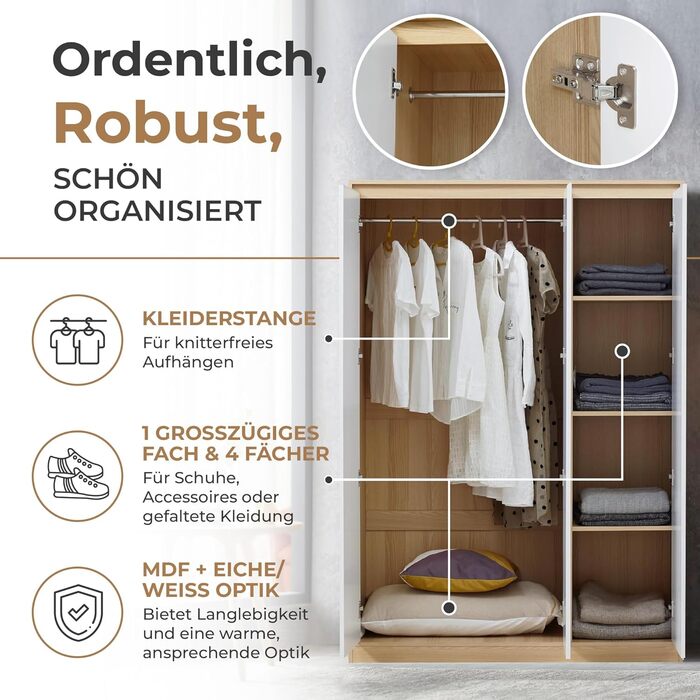 Шафа Bastheim, 3-дверна шафа, 176 x 120 x 52 см, Шафа для спальні з 1 рейкою для одягу та 4 полицями, колір дуба/білий, 176 x 120 x 52 см - 4 полиці