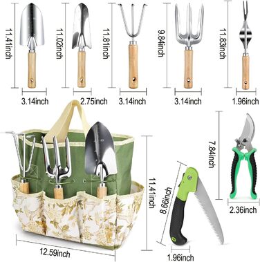 Набір садових інструментів Gartenwerkzeug, 12 предметів, з органайзером-сумкою, садова лопатка з деревяною ручкою, секатор, садові граблі, подарунок для садівників, ідеальний подарунок для жінок-садівниць