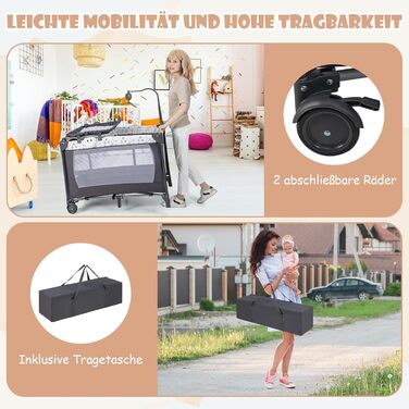 Дитяче ліжечко DREAMADE 4-в-1, складне та портативне дитяче ліжечко з колесами, матрац, пеленальний килимок та музичний мобіль, 102 x 72 см, приліжкове ліжечко для малюків 0-36 місяців (бежевий)