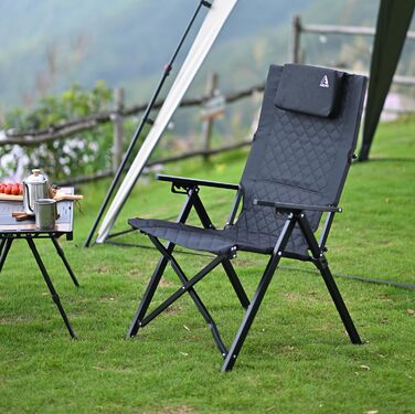Складаний кемпінговий стілець, висока спинка, регульована спинка в 4 положеннях, до 150 кг, садовий стілець з тримачем для напоїв та бічною кишенею, рибальський стілець, вуличний стілець для кемпінгу, саду, балкону (чорний)