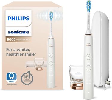 Електрична зубна щітка Philips Sonicare DiamondClean 9000, звукова зубна щітка з додатком, датчик тиску, 4 режими чищення, 3 рівні інтенсивності, зарядне скло та футляр USB, рожеве золото, модель HX9911/94