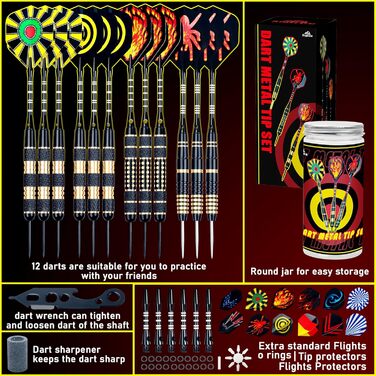 Набір дротиків Alyoen з 12 предметів з металевим наконечником, професійні дротики вагою 20/24/26 грамів, набори дротиків з алюмінієвими стрижнями, стрілки, точилка, захисні накладки, гумові кільця ущільнювачів та універсальний інструмент для дротиків