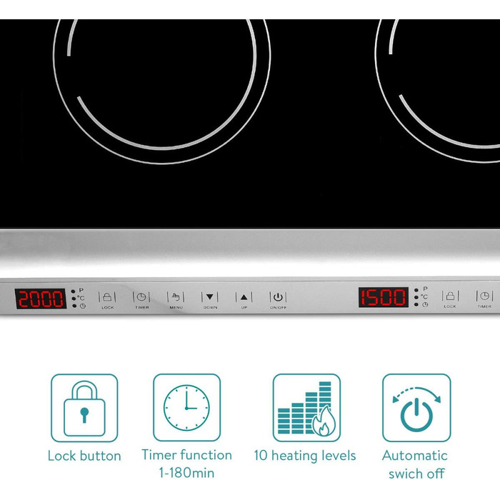 Подвійна індукційна плита Navaris 3500 Вт - 2 варильні поверхні з таймером Сенсорний дисплей Виявлення горщика - Портативна індукційна плита - Чорна