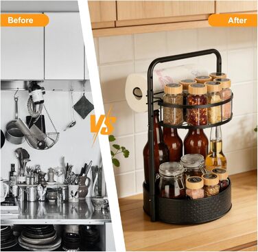 Обертова підставка для спецій Romon, 2-рівнева кухонна полиця з тримачем для паперових рушників, органайзер для спецій з кульковими підшипниками з нержавіючої сталі та протиковзкими ніжками, для кухонних шаф та стільниці, чорна