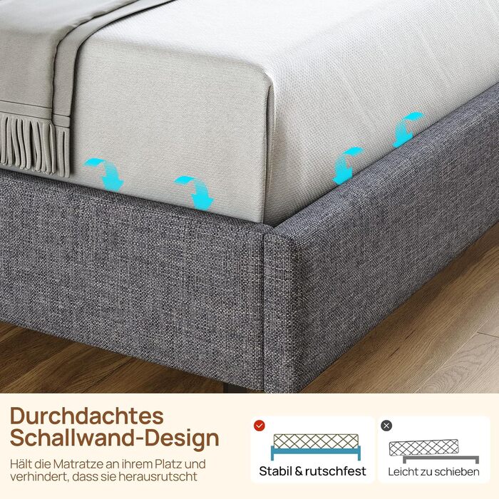 Металеве ліжко-семитуфля 90x200 см зі світлодіодним освітленням, включаючи рейковий каркас, плаваюча конструкція, стабільне та міцне, легке складання, сірого кольору без матраца сірого кольору 90 x 200 см