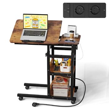 Журнальний столик на колесах, 80 см x 40 см, столик для ноутбука з розеткою та портом USB-C, регульована висота, дерев&39яний стіл, журнальний столик, тумбочка, спальня, вітальня, вінтажний вигляд дерева, колір вінтажного дерева