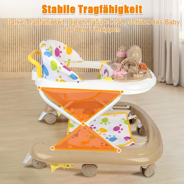 Складані дитячі ходунки Homewell 2-в-1 з сонцезахисним тентом та ручкою для штовхання, регульована висота в 5 положеннях, ходунки з музичною та активною дошкою, дитячі ходунки, діти 624 місяці (хакі)
