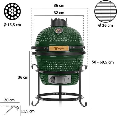 Вугільний гриль Haiiro Ø 32 см з термометром, дерев'яна ручка зелений керамічний гриль Kamado, міні-гриль на вугіллі, міні-гриль к