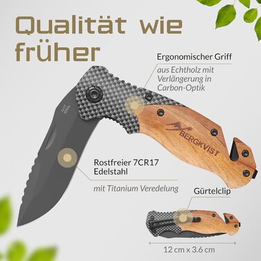 Складаний ніж BERGKVIST K20 (дворучний) з дерев'яним руків'ям та титаном - носіння дозволено - кишеньковий ніж 3-в-1 зі склом, різ