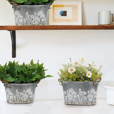 Набір вінтажних вуличних квіткових горщиків, 3 предмети, оцинковані металеві горщики для рослин з мотузковими ручками, відра для квітів/горщики для трав для кухні, балкону та саду, 19/22,5/26 см