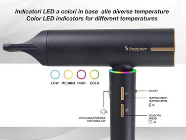 Безщітковий фен BEPER P301ASC010, 1800 Вт, 3 швидкості, 3 температурні режими, LED-індикатор температури, функція самоочищення сітки, чорний, з аксесуарами
