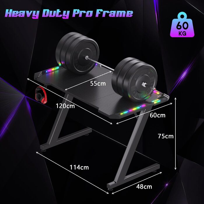 Ігровий стіл Homall зі світлодіодним підсвічуванням, ігровий стіл з RGB-підсвіткою 120 x 60 см, Z-подібна форма, великий комп&39ютерний стіл з гачком для навушників та підставкою для чашок, ігровий стіл для домашнього офісу (чорний)