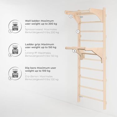 Шведська стінка з турніком для дорослих (230 см), дерев&39яна стінка для скелелазіння, багатофункціональне фітнес-обладнання, драбина для скелелазіння для дорослих та дітей, 100 ЕКО, зроблено в ЄС з кільцями для гімнастики DIP