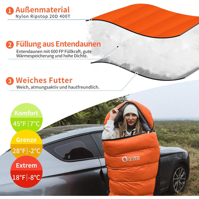 Пуховий спальний мішок, зимовий спальний мішок, преміум-пух 600FP, від 12C до -24C, легкий та теплий на 3-4 сезони, для кемпінгу, походів та трекінгу на природі, помаранчевий, 7C