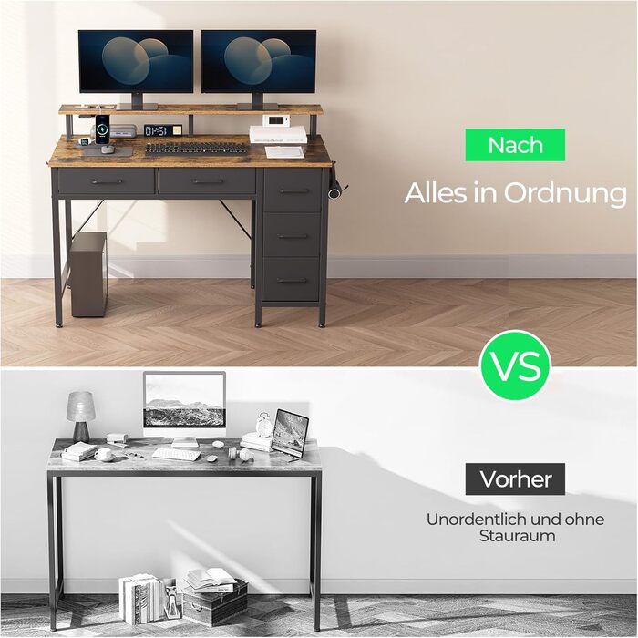 Комп&39ютерний стіл Seventable з розетками та світлодіодним освітленням, ігровий стіл 120 см з 5 шухлядами, ігровий стіл з підставкою для монітора, для офісу, кабінету, спальні, вітальні, вінтажний коричневий, 120 см