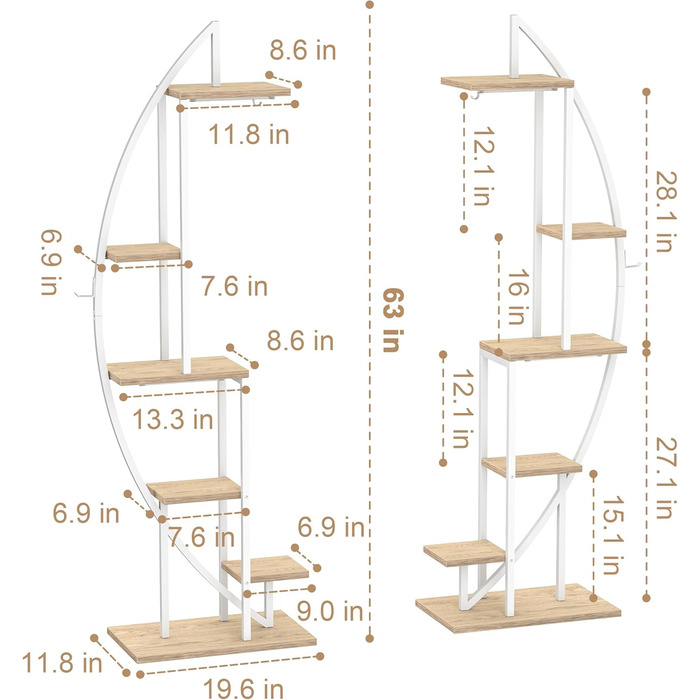 Рівнева підставка для квітів з лампами для вирощування - Металева та дерев&39яна полиця для рослин - Кімнатні квіткові сходи 160 см - Декоративна чорна квіткова полиця для підвіконня у вітальні, 2 шт., біла, 6-