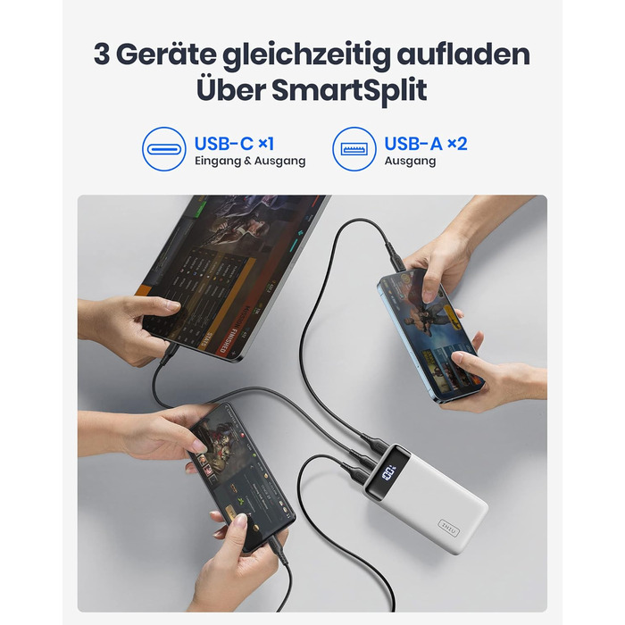 Компактний світлодіодний дисплей 20000mAh зовнішній акумулятор з двома виходами 3A і входом USB-C, Powerbank для мобільного телефо