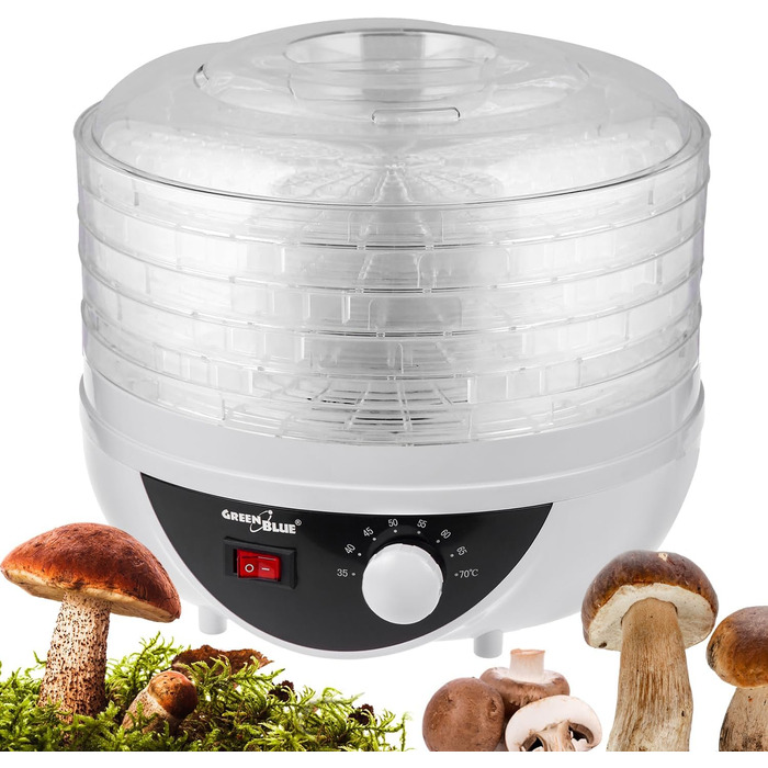 Дегідратор Green Blue GB195 з регулятором температури 35-70 250Вт Дегідратор Extra quiet rockner 5 сит, діаметр сита 27 см, сушарка для грибів, овочів та фруктів Температурний варіант