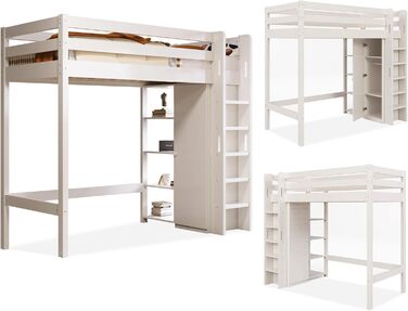 Дитяче ліжко-горище односпальне ліжко 90x200 для дітей, дерев'яне ліжко-будиночок з шафою та 4 полицями для зберігання, каркас ліж