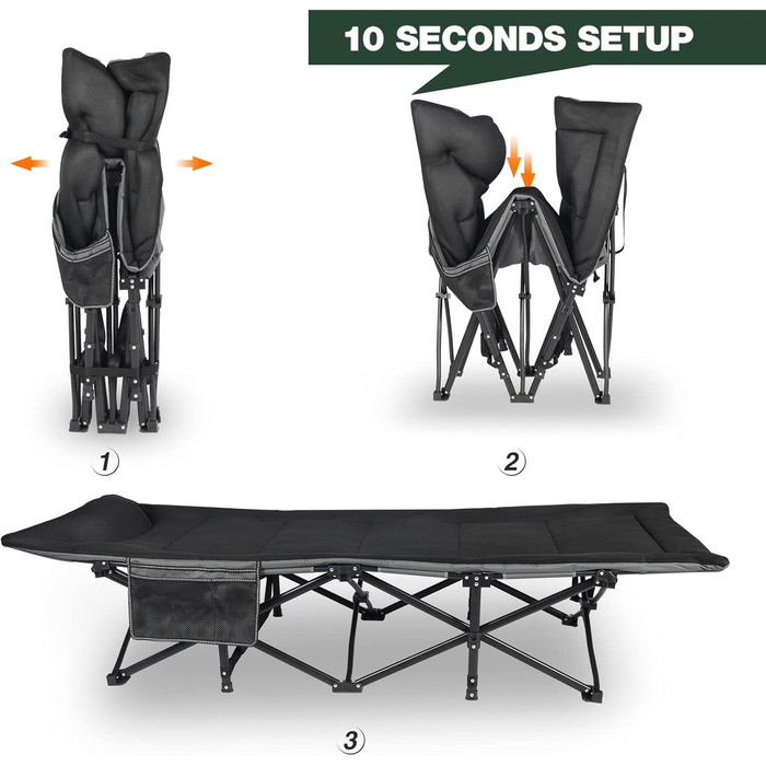 Складане туристичне ліжко з наматрацником для дорослих, XXL 190 x 71 x 38 см, Складане туристичне ліжко з матрацом для кемпінгу, саду, використання в приміщенні та на вулиці, чорне