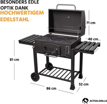 Мангал для вугілля ACTIVA Angulatus I Мангал для вугілля з кришкою, регульованим піддоном для вугілля та термометром I Візок для б