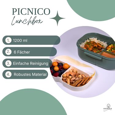 Преміум ланчбокс для дітей 1200 мл, двоповерховий, з 6 відділеннями, зелений (без BPA) контейнер для сніданків та перекусів з ложкою та виделкою ідеально підходить для дитячого садка та школи, можна мити в посудомийній машині, герметичний