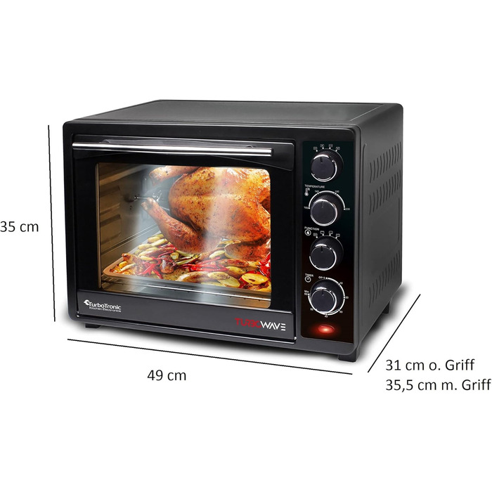 Міні-піч TurboTronic з конвекцією 35л чорна 1600 Вт, міні-піч з 2 деками, таймер, піч для піци, гриль