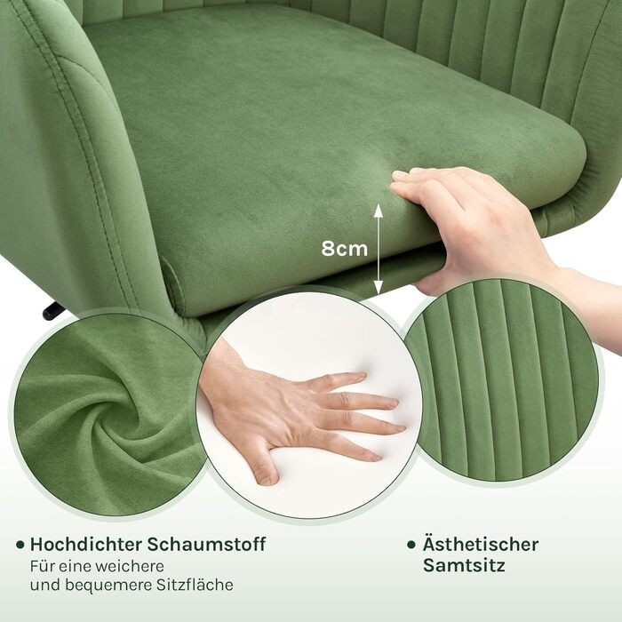 Офісне крісло WOLTU, ергономічне офісне крісло, крісло для домашнього офісу з регульованою висотою, туалетне крісло з підлокітниками, обертове крісло з колесами, оксамитове крісло з металевим каркасом, вантажопідйомність 150 кг, зелене