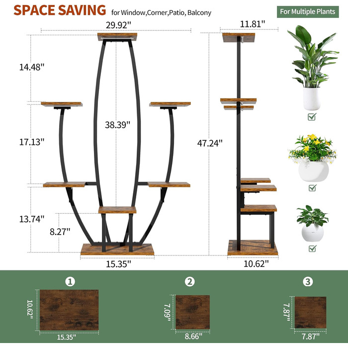Підставка для рослин JUSTOGO з лампами для вирощування 7-рівнева полиця для великих кімнатних рослин, кутова підставка для кімнатних рослин 46 дюймів, багаторівнева, металева полиця для рослин