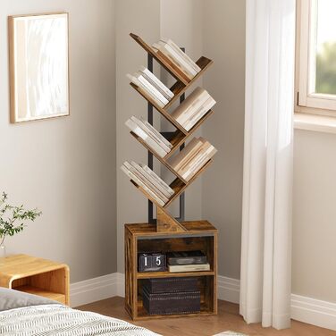 Книжкова полиця у формі дерева, 9-ярусна окремостояча полиця, стійка для CD/DVD, дерев&39яний каркас з металевим каркасом, кутова полиця, що економить місце, окремостояча книжкова вежа для вітальні, спальні, офісу, бібліотеки, вінтажний коричневий колір