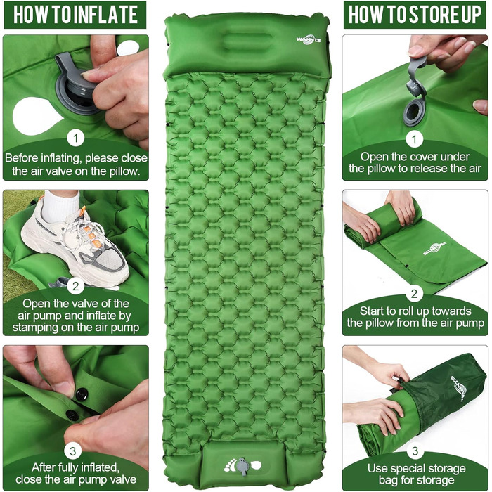 Килимок для сну WANNTS, надлегкий надувний килимок для сну для кемпінгу, вбудований насос, ідеальний для кемпінгу, походів, повітряна подушка, сумка для перенесення, ремкомплект, компактний та легкий килимок для кемпінгу (зелений)