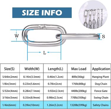 Подовжувач ланцюга Hannger з нержавіючої сталі - 5 м 3 мм Металеві підвісні котушки безпеки Міцний ланцюг до 80 кг Завантажуваний для тіньових вітрил Прикраса огорожі Намисто для собак Орнамент ліхтаря Повітряна йога (0,6 метра 2 шт. и, Ø 6мм)
